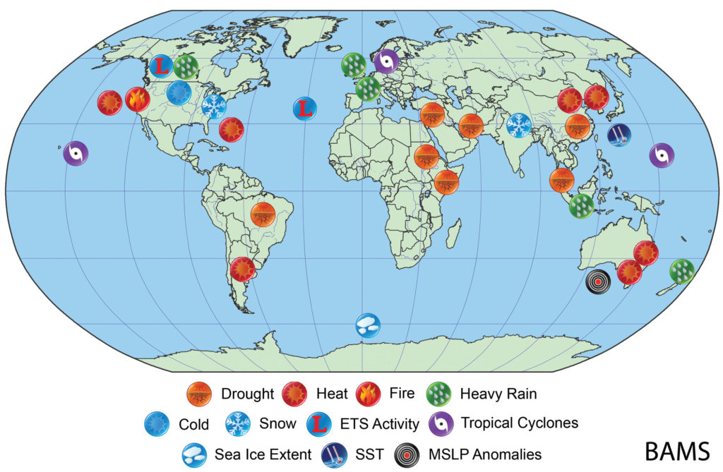 Map of type and location of extreme weather in 2014 from the Bulletin of the American Meteorological Society (BAMS).